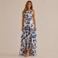 Halter Wrap Tiered Ruffle Maxi Dress – Floral Boho Vacation Gown | Oyese
