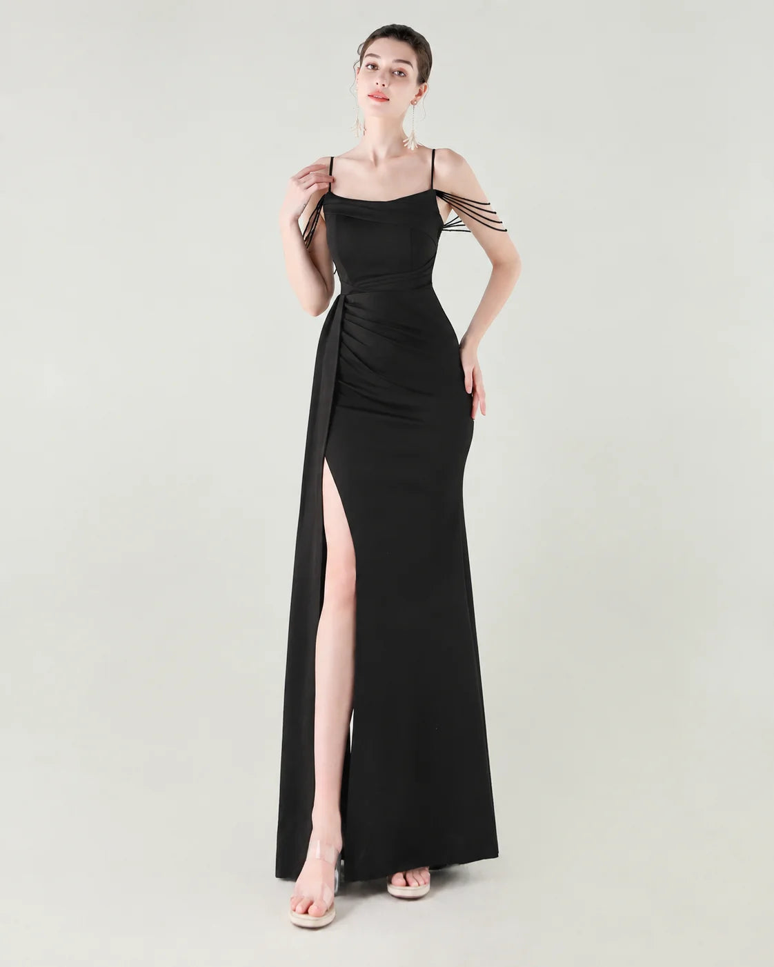 Strapless Beaded Chain Strap Ruched Mermaid Gown | Oyese