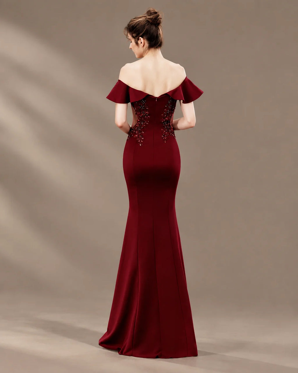 Off-Shoulder Ruffle Sleeve Beaded Mermaid Evening Gown | Oyese