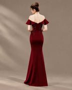 Off-Shoulder Ruffle Sleeve Beaded Mermaid Evening Gown | Oyese