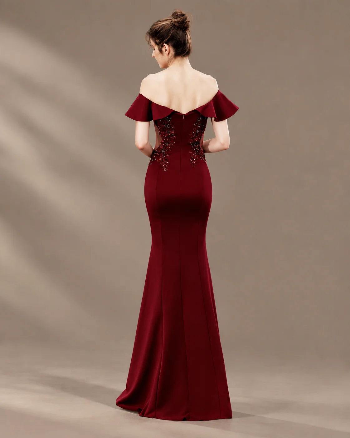 Off-Shoulder Ruffle Sleeve Beaded Mermaid Evening Gown | Oyese