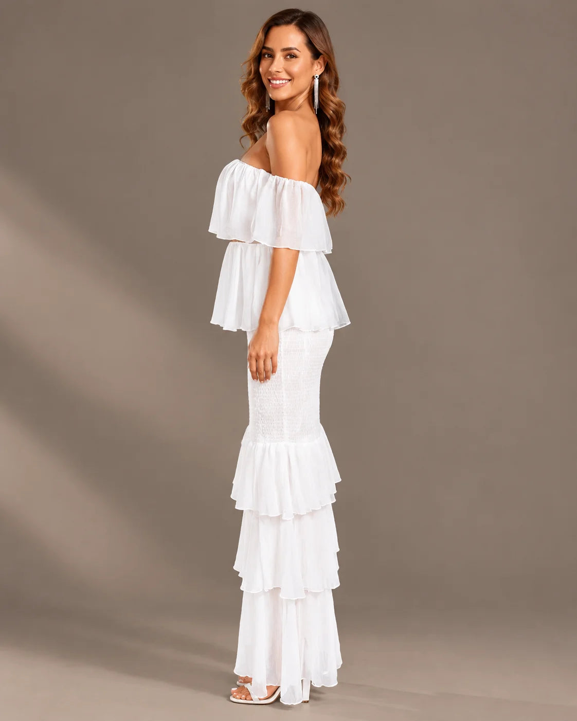 Strapless Pleated Tiered Ruffle Fitted Maxi Dress | Oyese