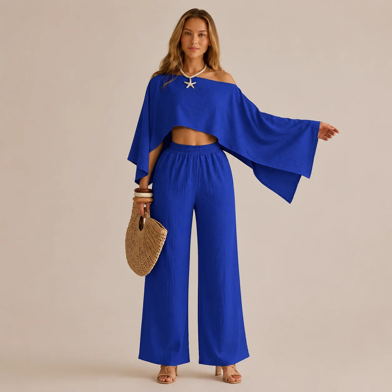 Off-Shoulder Cape Top & Wide Leg Pants Set – Beach Vacation 2-Piece | Oyese