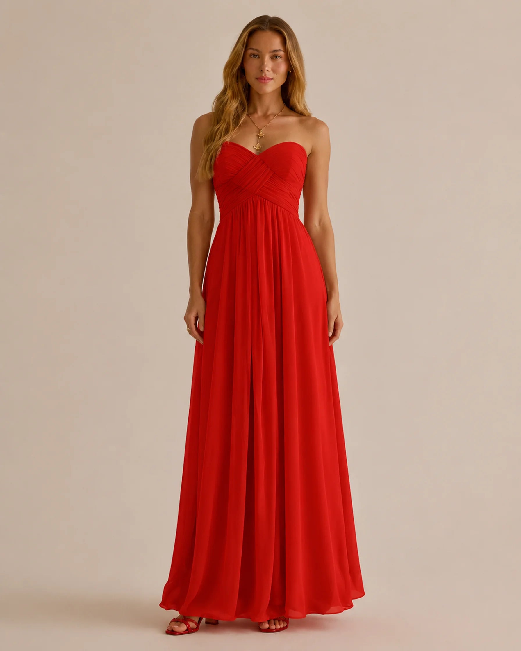 Strapless Sweetheart Chiffon A-Line Maxi Dress – Bridesmaid Formal Gown | Oyese