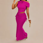 One Shoulder Crop Top & Ruched Mermaid Skirt Set – Asymmetric 2-Piece | Oyese
