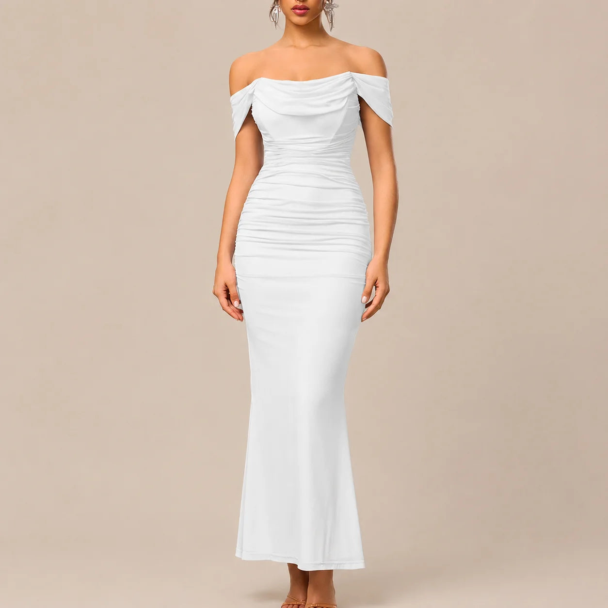 Off-Shoulder Ruched Mesh Bodycon Maxi Dress – Mermaid Evening Gown | Oyese