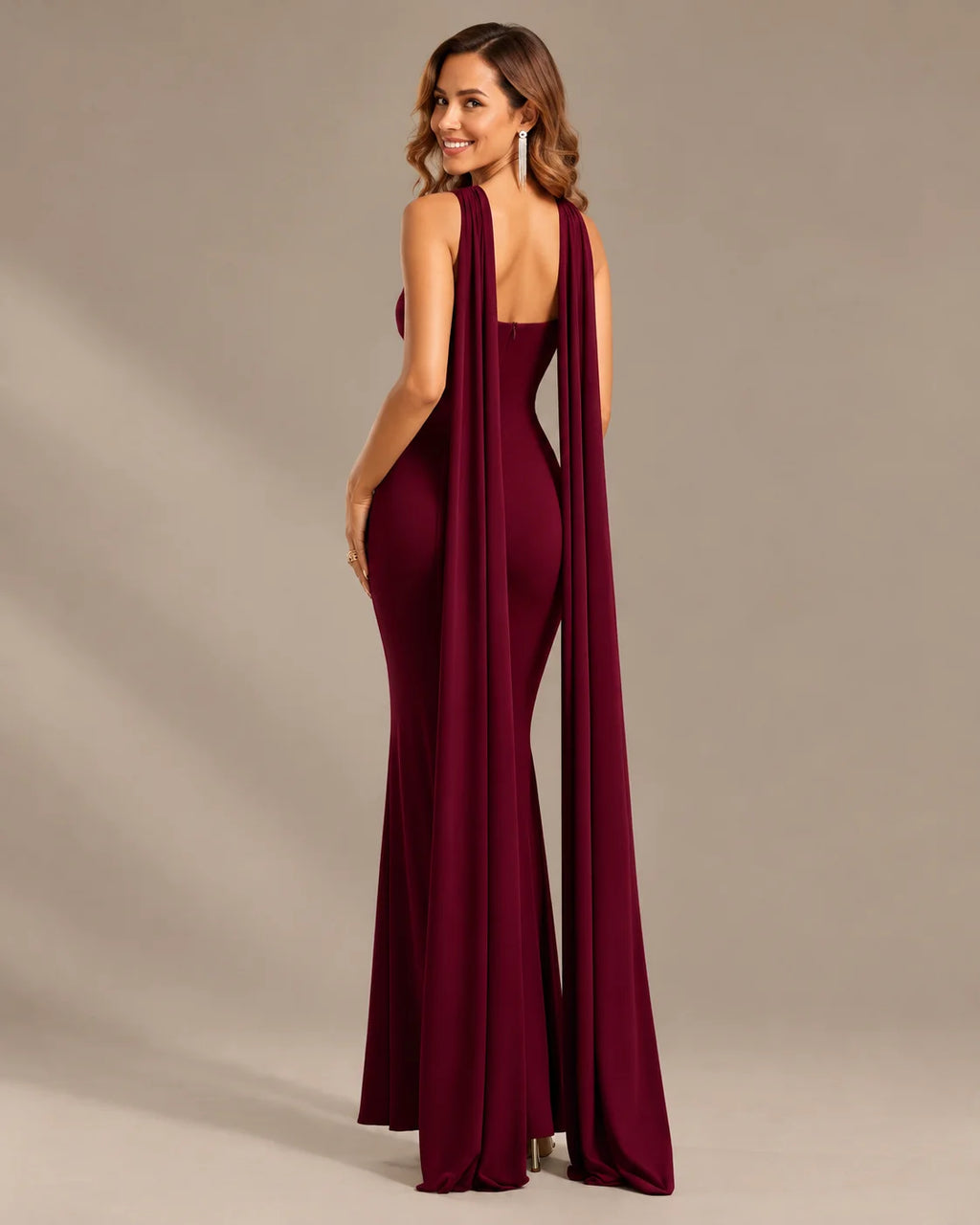 Draped Cape Keyhole Halter Fitted Maxi Evening Gown | Oyese