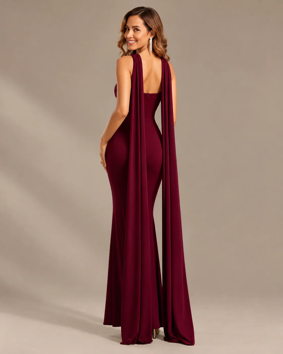 Draped Cape Keyhole Halter Fitted Maxi Evening Gown | Oyese