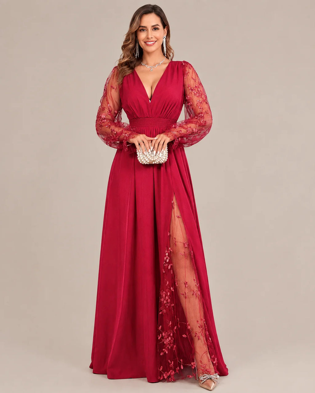 Plus Size Deep V Lace Sleeve Slit Maxi Gown | Oyese