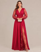 Plus Size Deep V Lace Sleeve Slit Maxi Gown | Oyese