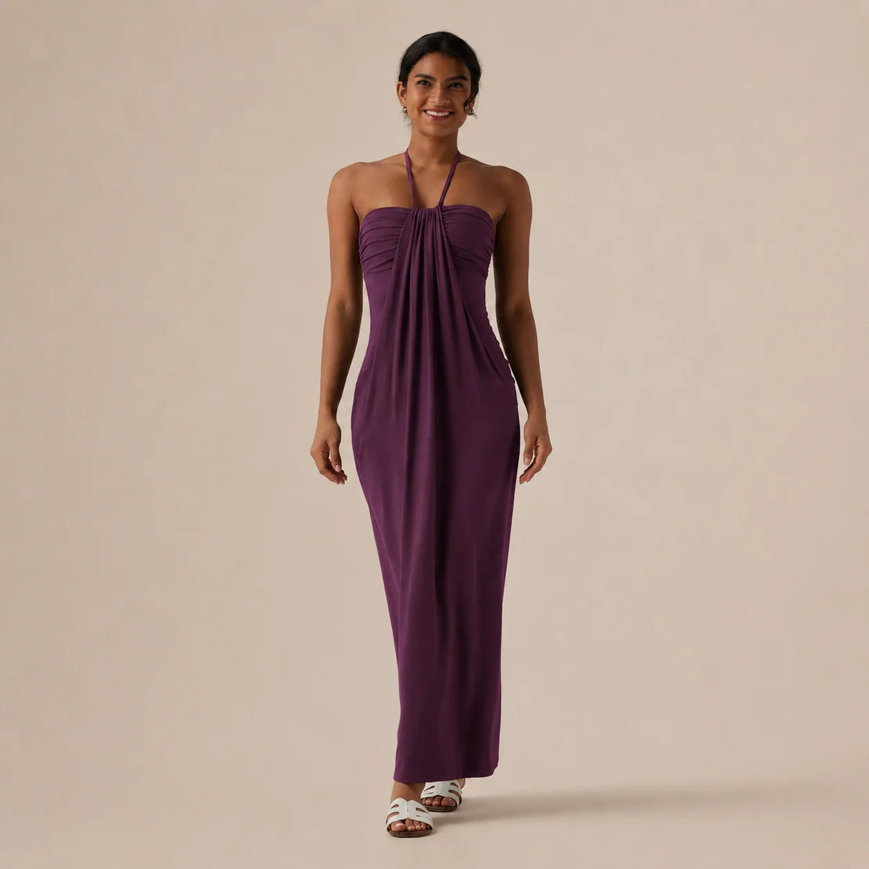 Halter Tie Gathered Maxi Dress with Pockets – Relaxed Summer Drape | Oyese