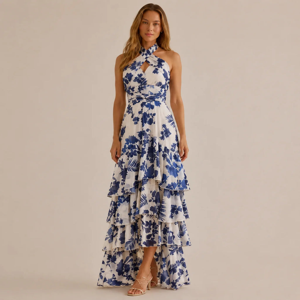 Halter Wrap Tiered Ruffle Maxi Dress – Floral Boho Vacation Gown | Oyese
