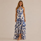 Halter Wrap Tiered Ruffle Maxi Dress – Floral Boho Vacation Gown | Oyese