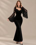 Gothic Velvet Lace Bell Sleeve Mermaid Maxi Dress – Fitted Waist Halloween Gown | Oyese