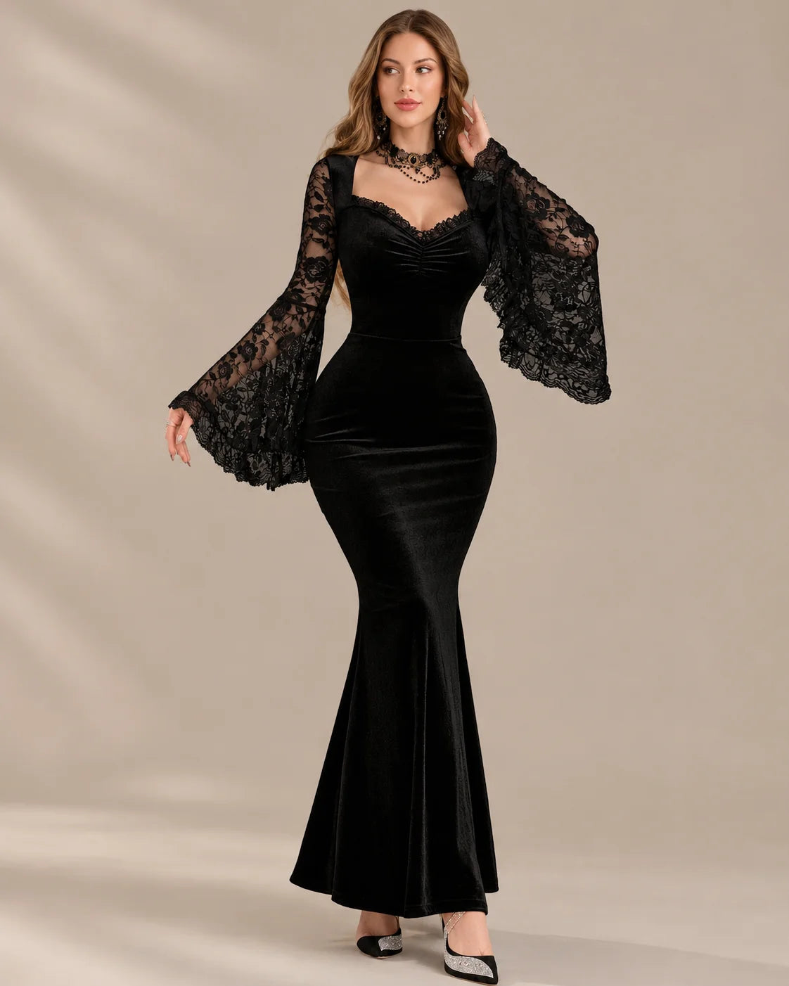 Gothic Velvet Lace Bell Sleeve Mermaid Maxi Dress – Fitted Waist Halloween Gown | Oyese