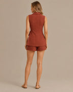 Sleeveless Wrap Blazer Vest and Shorts Two Piece Set | Oyese
