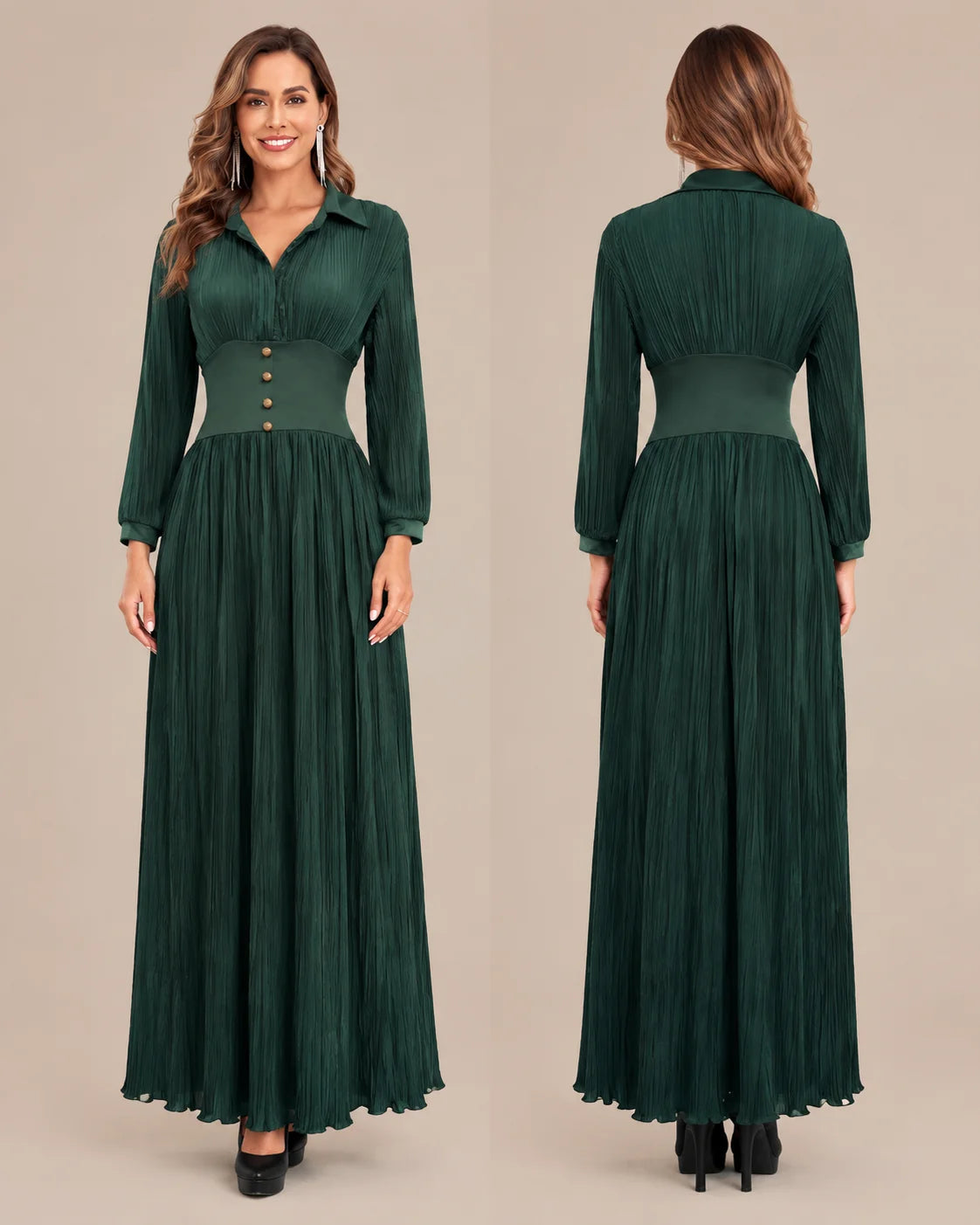 Shirt Collar Button Front Pleated A-Line Maxi Dress | Oyese