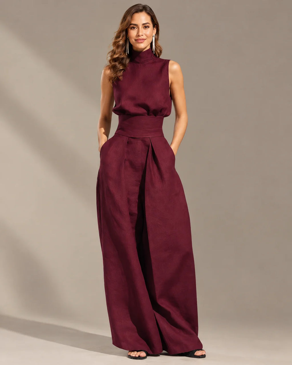 Linen-Blend Sleeveless Mock Neck Top and Wide-Leg Pants Set | Oyese