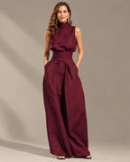 Linen-Blend Sleeveless Mock Neck Top and Wide-Leg Pants Set | Oyese