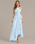One-Shoulder Draped Ruffle High-Low Maxi Gown | Oyese