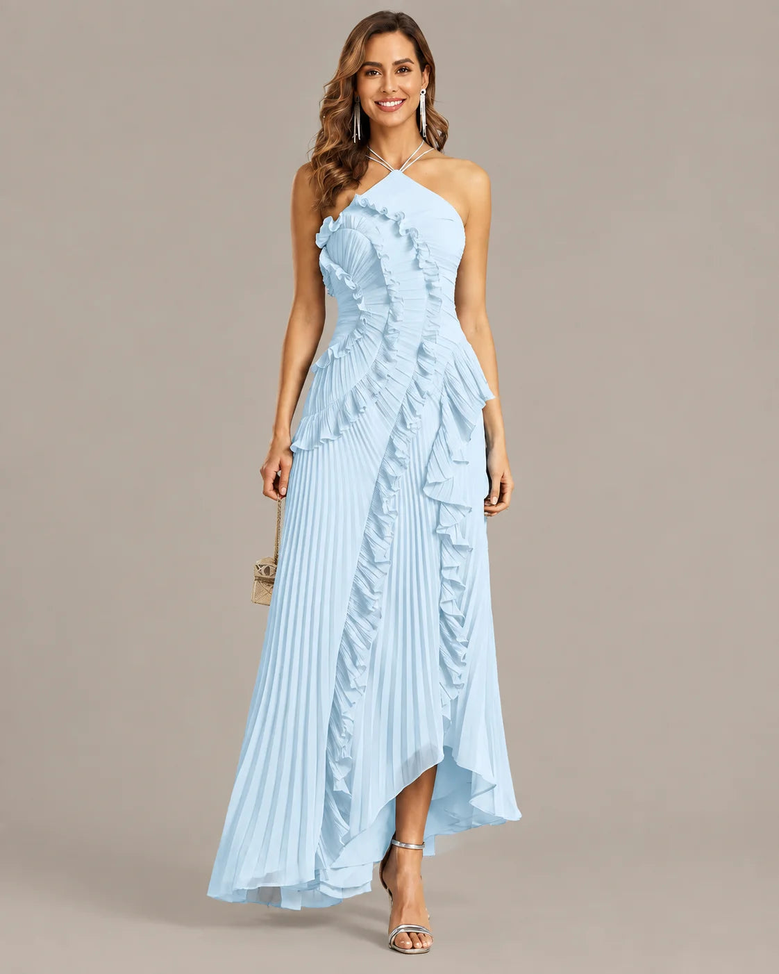 One-Shoulder Draped Ruffle High-Low Maxi Gown | Oyese