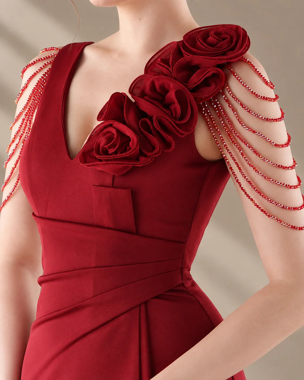 V-Neck 3D Floral Shoulder Beaded Mermaid Evening Gown | Oyese