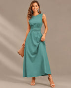 Round Neck Tie Waist Relaxed Maxi Dress – Sleeveless Textured Casual Dress | Oyese