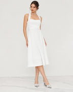 Square Neck Halter Wrap Waist Midi Dress – A-Line Summer Wedding Guest Dress | Oyese