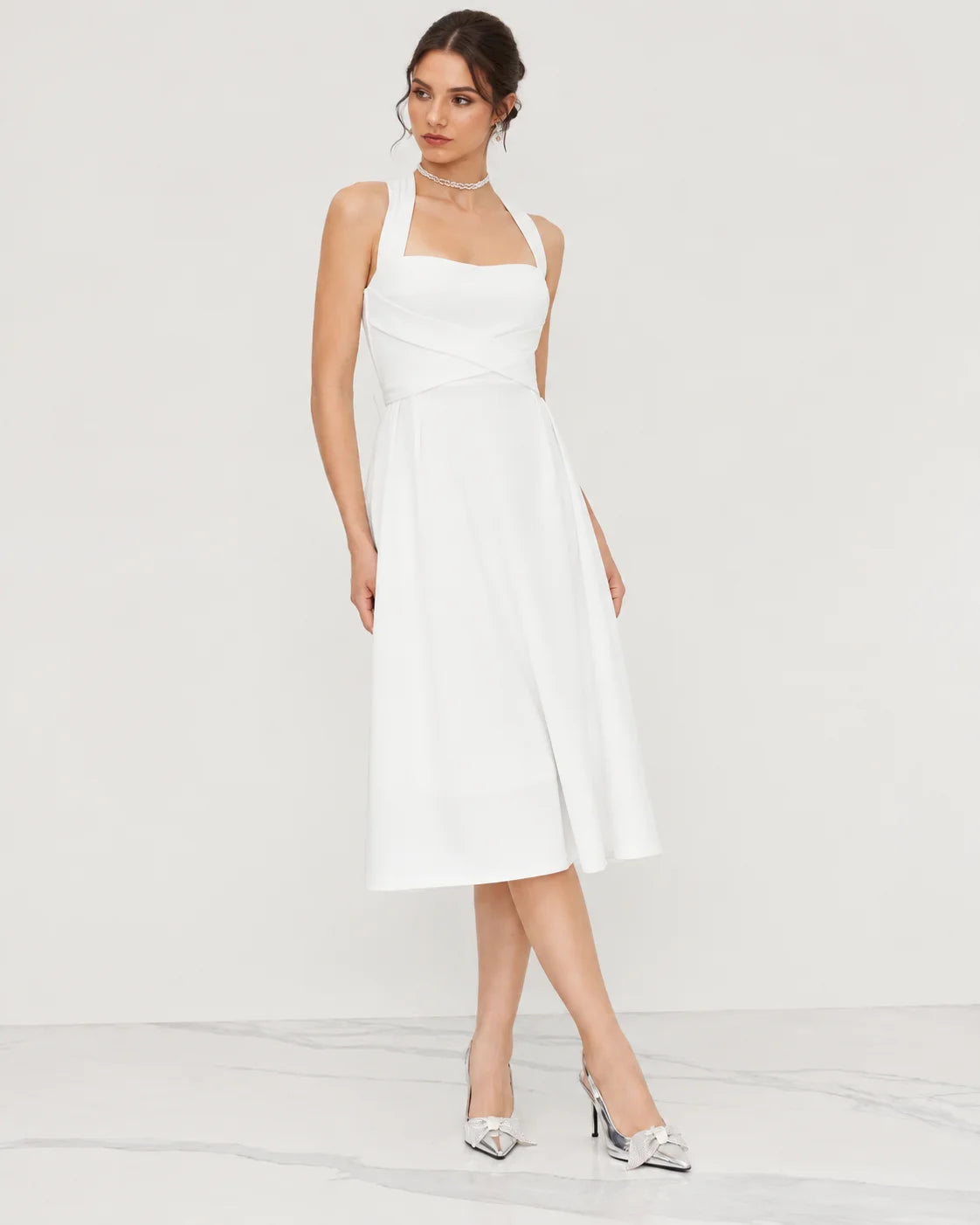 Square Neck Halter Wrap Waist Midi Dress – A-Line Summer Wedding Guest Dress | Oyese