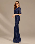 V-Neck Batwing Sleeve Sequin Mermaid Evening Gown | Oyese