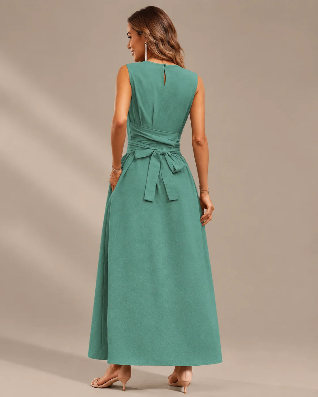 Round Neck Tie Waist Relaxed Maxi Dress – Sleeveless Textured Casual Dress | Oyese