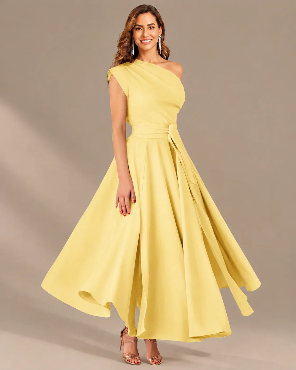 One-Shoulder Cap Sleeve Belted Fit and Flare Midi Dress | Oyese