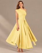 One-Shoulder Cap Sleeve Belted Fit and Flare Midi Dress | Oyese