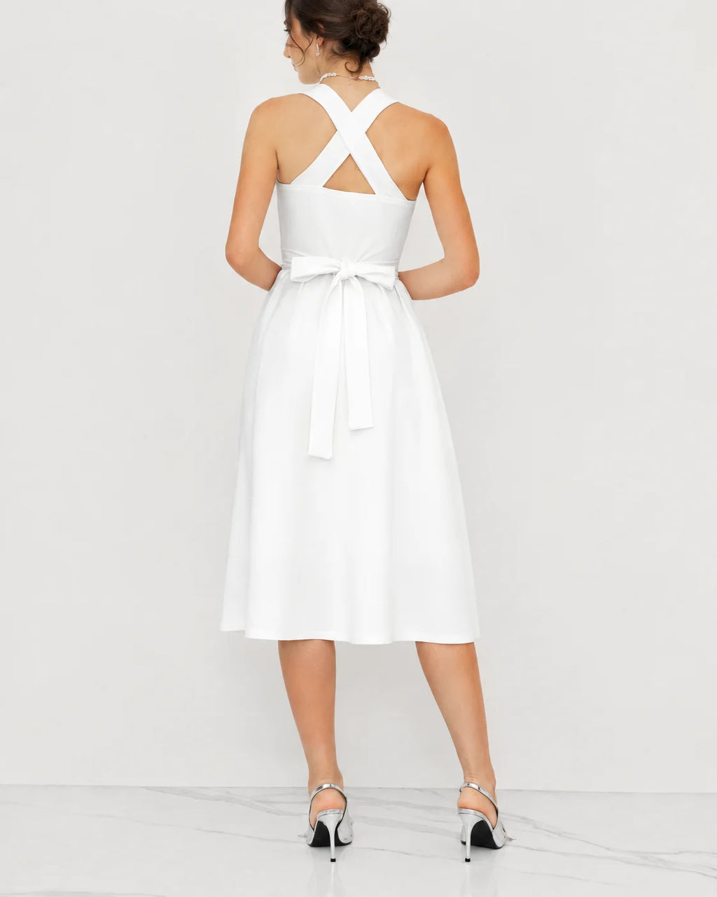 Square Neck Halter Wrap Waist Midi Dress – A-Line Summer Wedding Guest Dress | Oyese