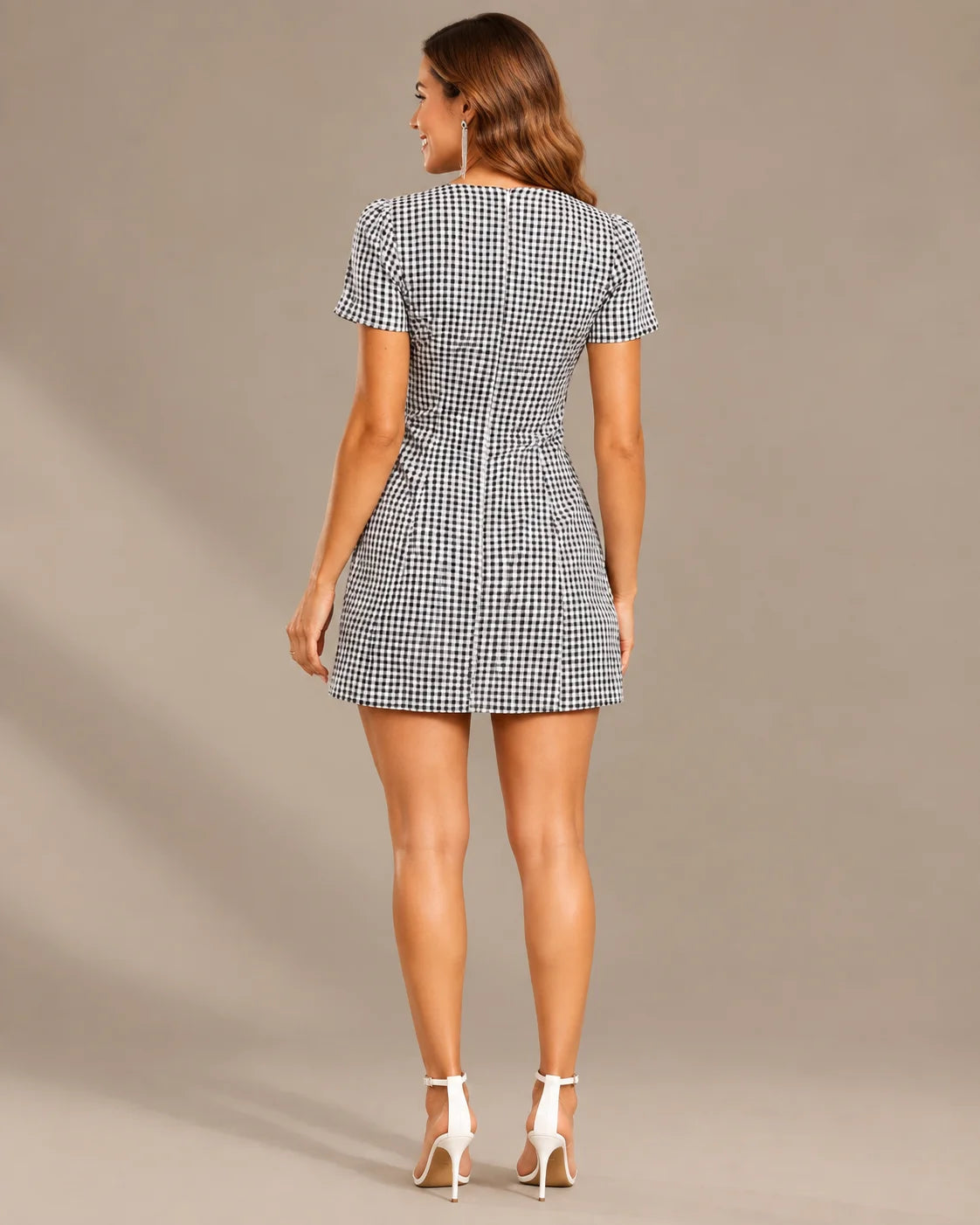 V-Neck Button Front Gingham Fitted Mini Dress | Oyese