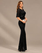 V-Neck Batwing Sleeve Sequin Mermaid Evening Gown | Oyese