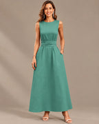 Round Neck Tie Waist Relaxed Maxi Dress – Sleeveless Textured Casual Dress | Oyese