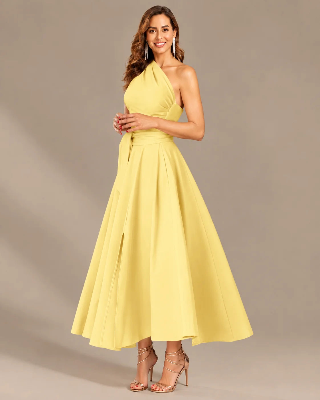 One-Shoulder Cap Sleeve Belted Fit and Flare Midi Dress | Oyese
