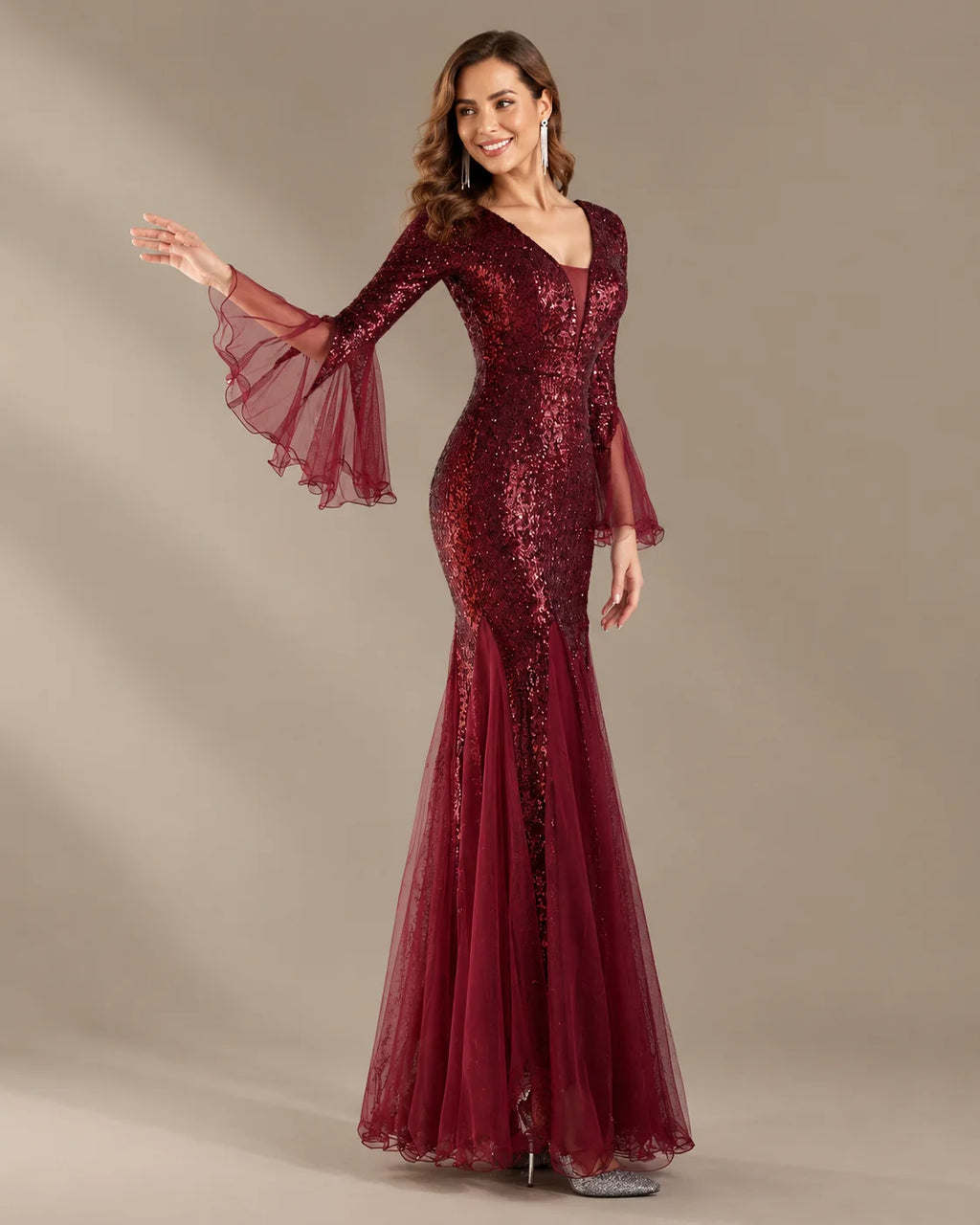 V-Neck Bell Sleeve Sequin Tulle Mermaid Evening Gown | Oyese