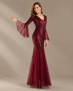 V-Neck Bell Sleeve Sequin Tulle Mermaid Evening Gown | Oyese