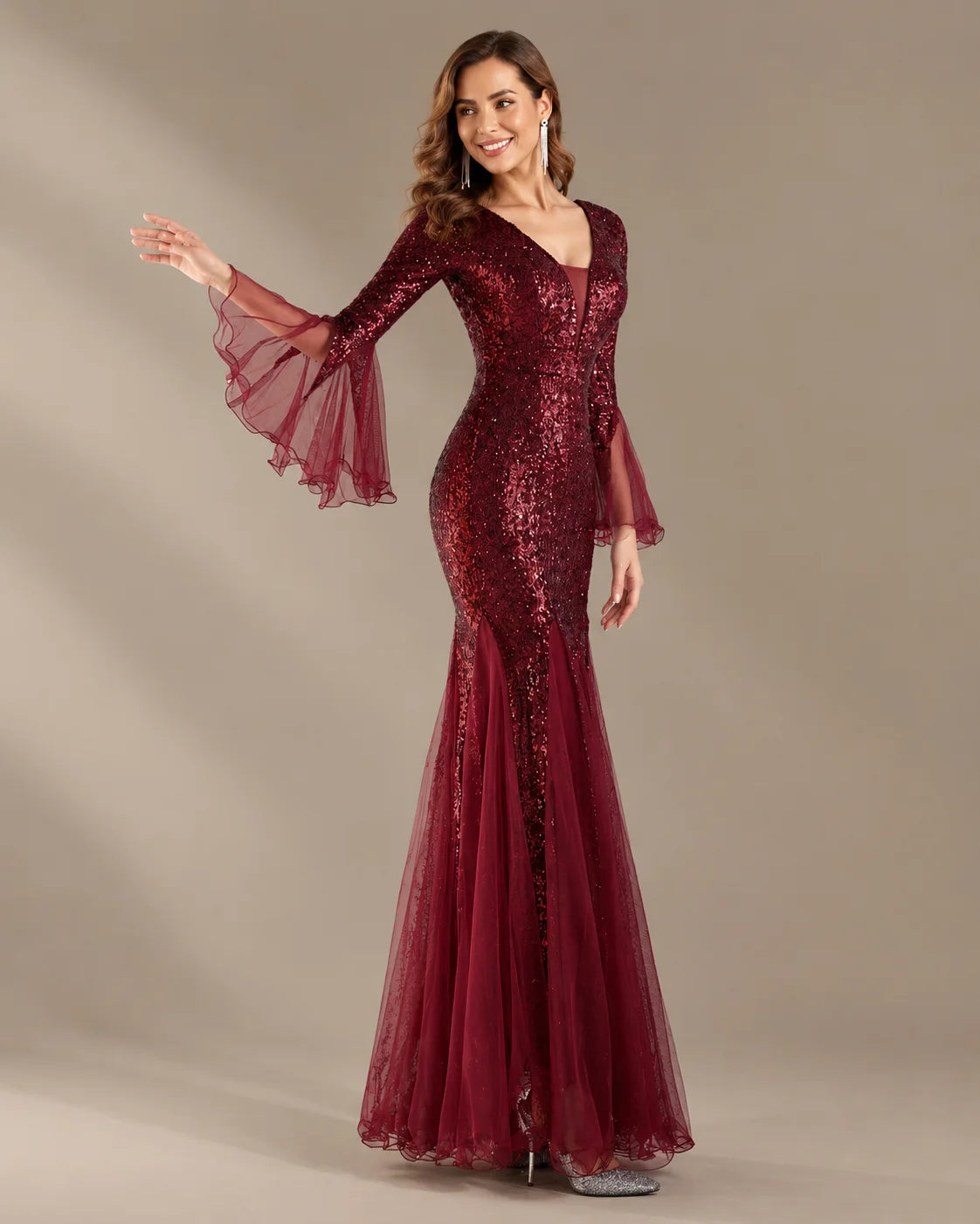 V-Neck Bell Sleeve Sequin Tulle Mermaid Evening Gown | Oyese