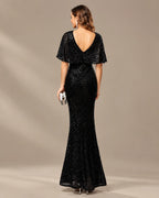 V-Neck Batwing Sleeve Sequin Mermaid Evening Gown | Oyese