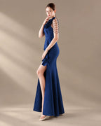 V-Neck 3D Floral Shoulder Beaded Mermaid Evening Gown | Oyese