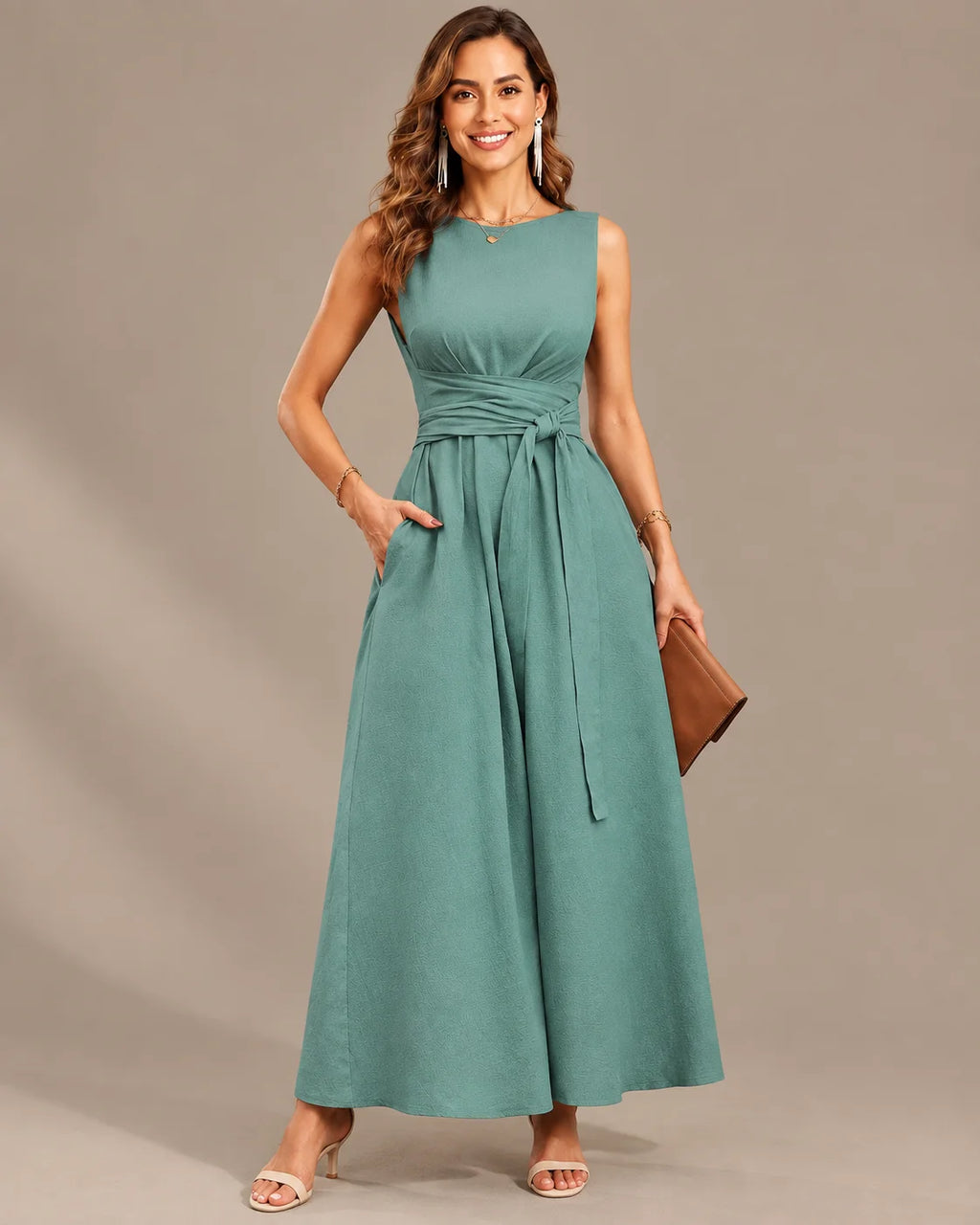 Round Neck Tie Waist Relaxed Maxi Dress – Sleeveless Textured Casual Dress | Oyese