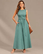 Round Neck Tie Waist Relaxed Maxi Dress – Sleeveless Textured Casual Dress | Oyese