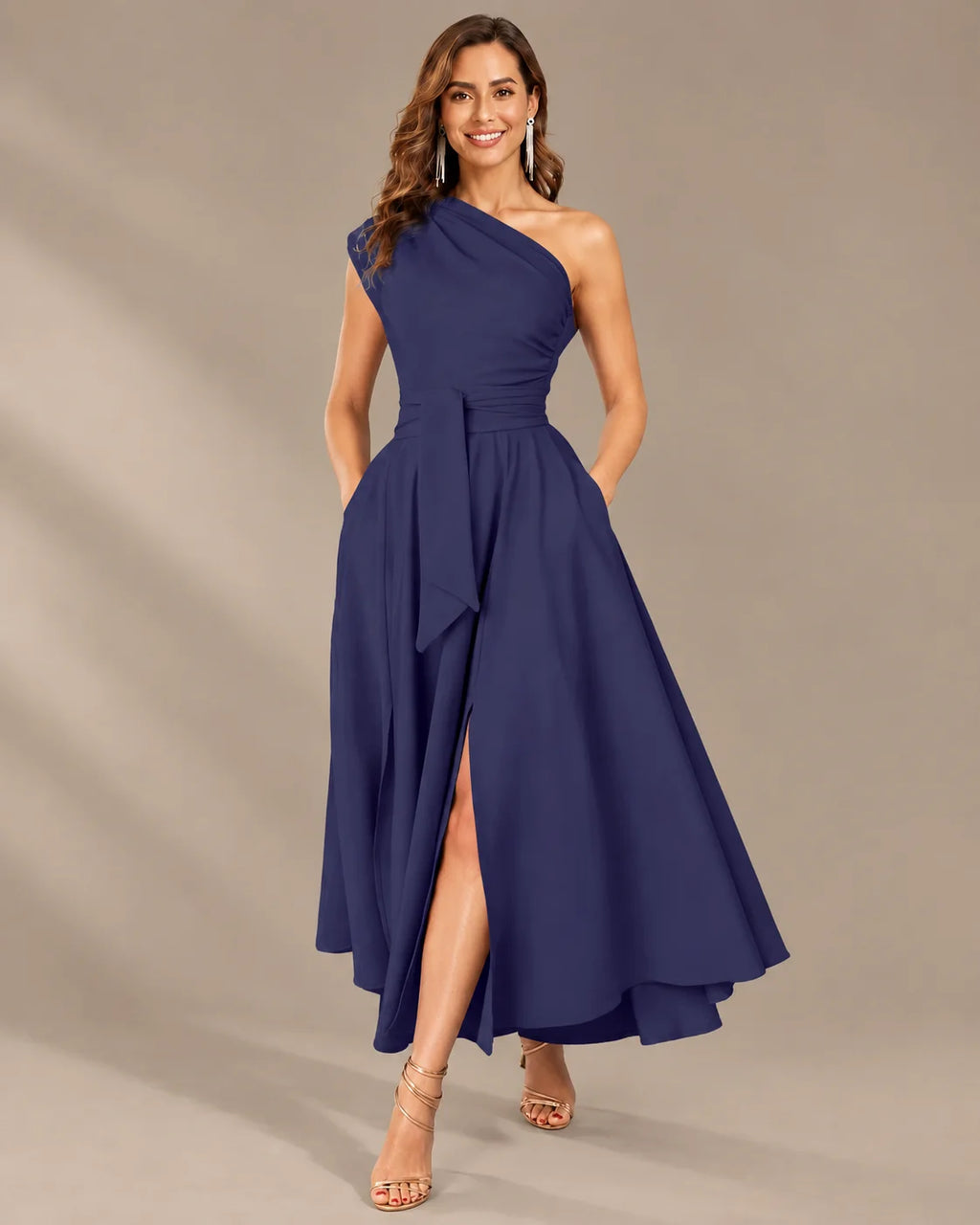 One-Shoulder Cap Sleeve Belted Fit and Flare Midi Dress | Oyese