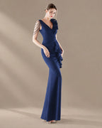 V-Neck 3D Floral Shoulder Beaded Mermaid Evening Gown | Oyese