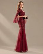 V-Neck Bell Sleeve Sequin Tulle Mermaid Evening Gown | Oyese