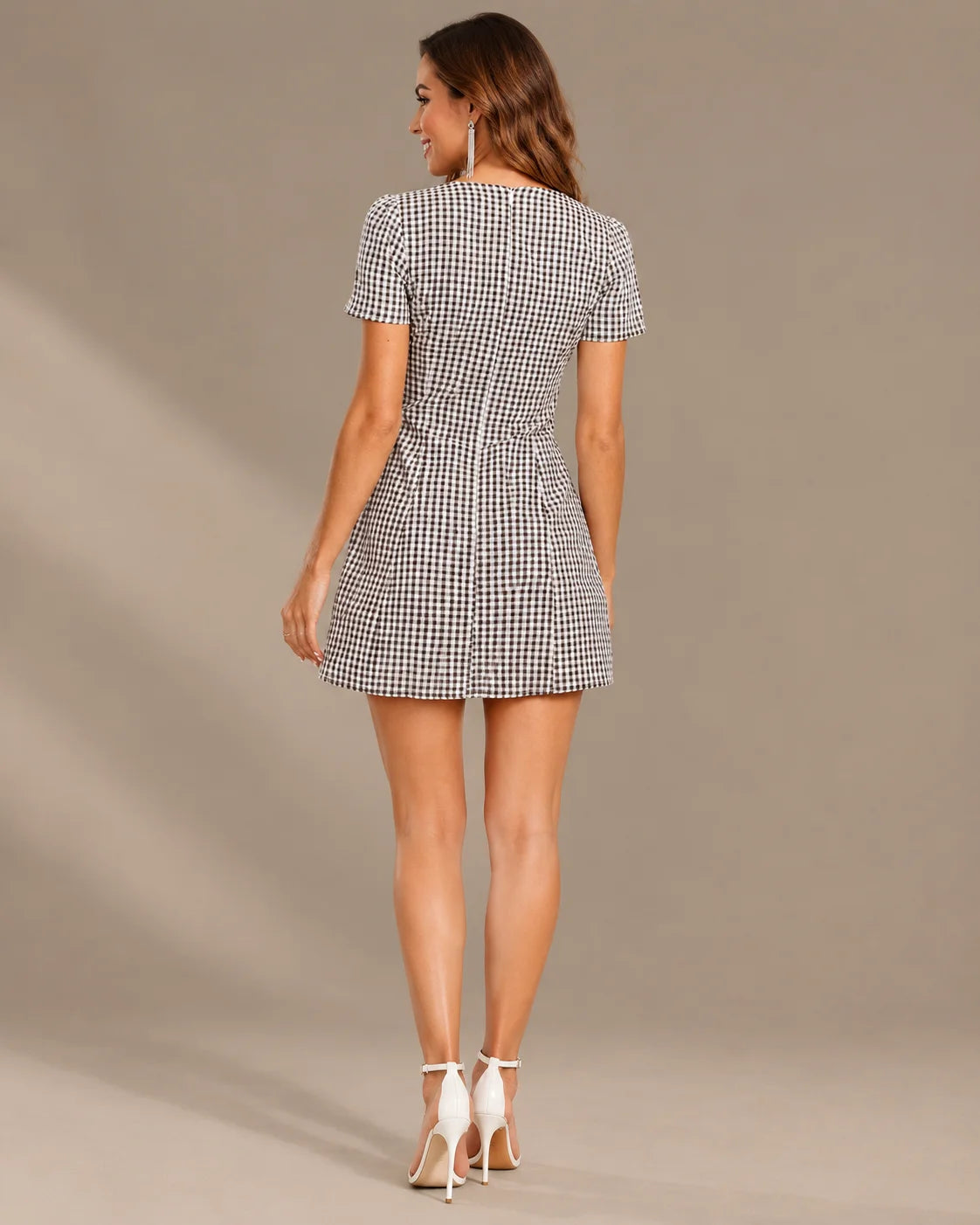 V-Neck Button Front Gingham Fitted Mini Dress | Oyese