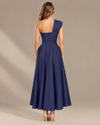 One-Shoulder Cap Sleeve Belted Fit and Flare Midi Dress | Oyese